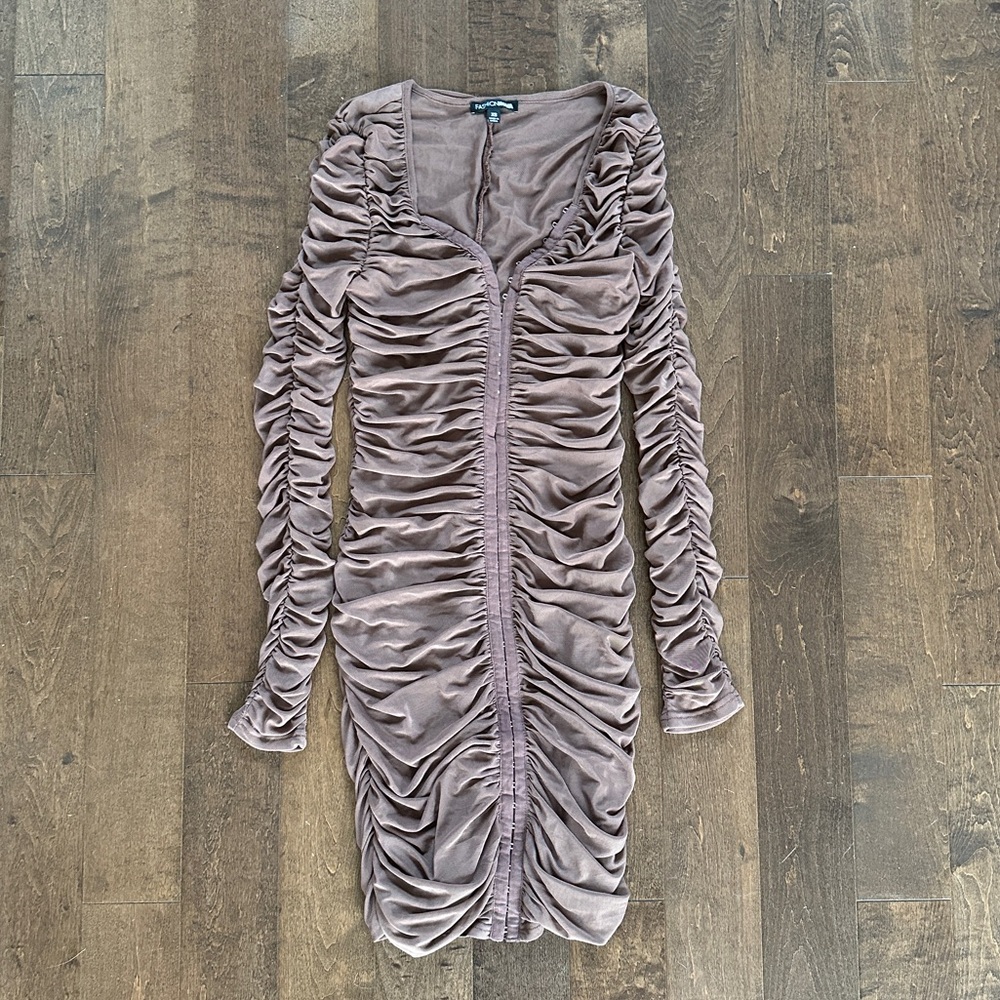 Long Sleeve Ruched Dress in Taupe